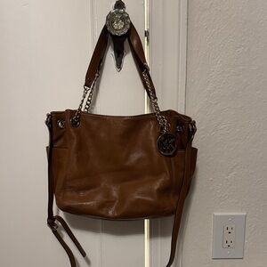 Michael Kors Brown Leather Satchel with Chain Detail